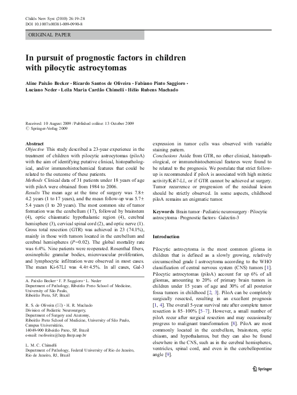 (PDF) In pursuit of prognostic factors in children with pilocytic ...