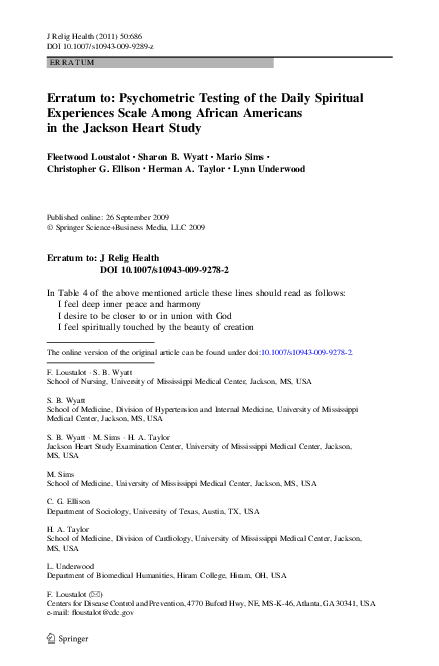 (PDF) Erratum to: Psychometric Testing of the Daily Spiritual ...