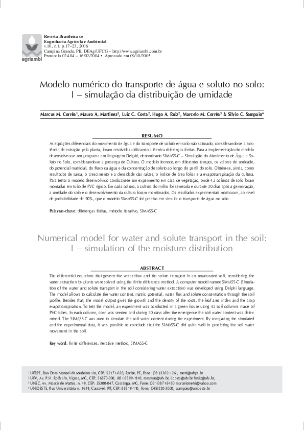(PDF) Numerical model for water and solute transport in the soil: I ...