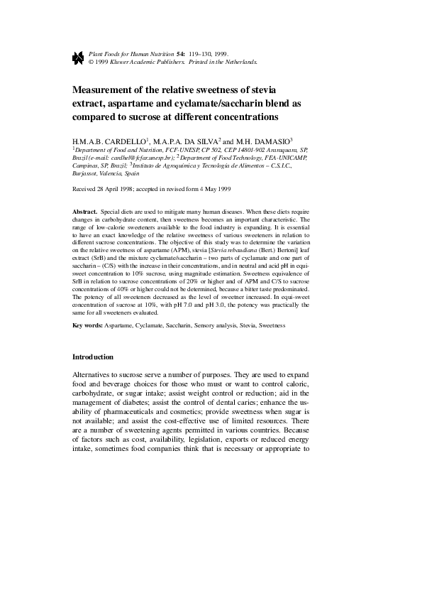 (PDF) Measurement of the relative sweetness of stevia extract