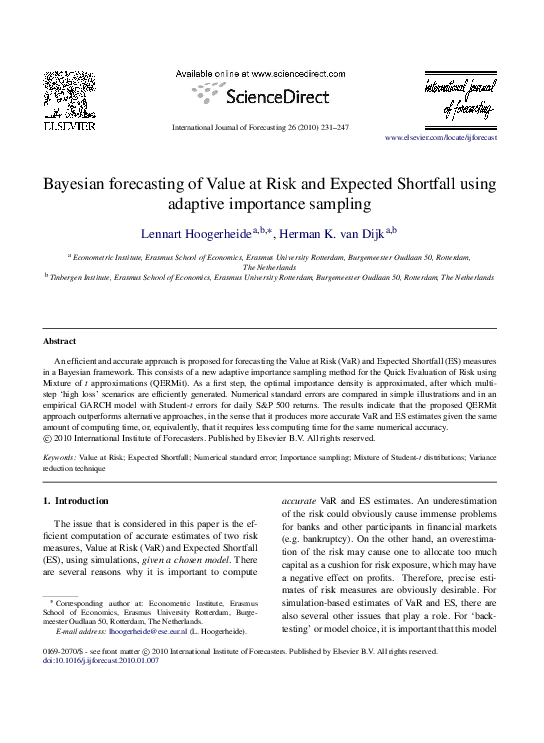 (PDF) Bayesian forecasting of Value at Risk and Expected Shortfall ...