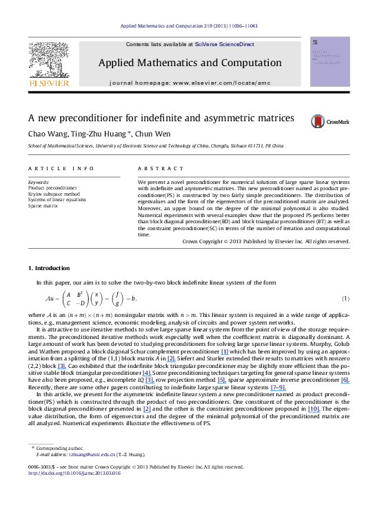 (PDF) A new preconditioner for indefinite and asymmetric matrices