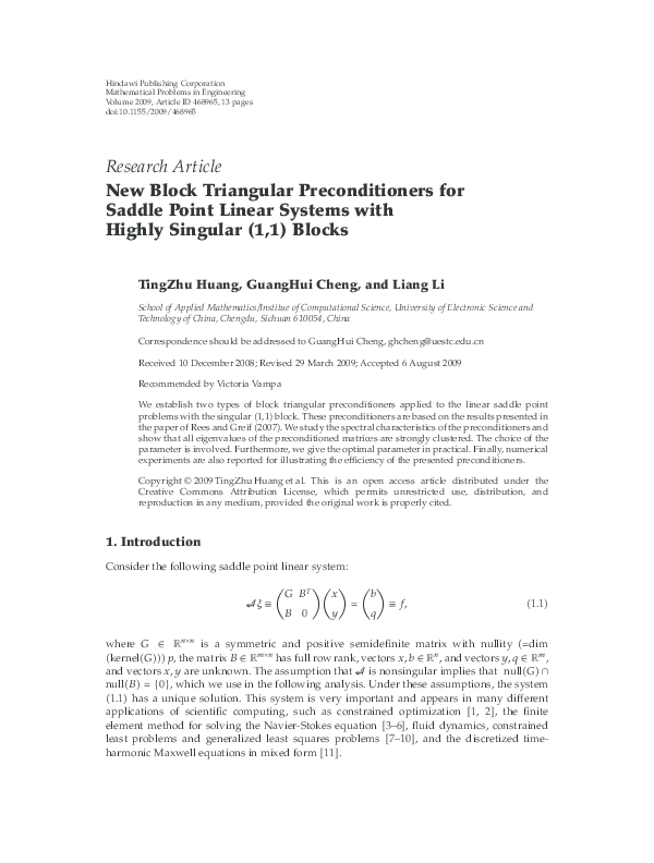 (PDF) New Block Triangular Preconditioners for Saddle Point Linear ...