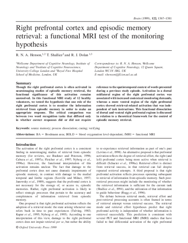 (PDF) Right prefrontal cortex and episodic memory retrieval: a ...