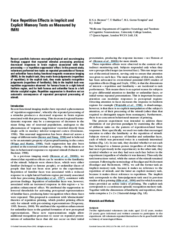 (PDF) Face Repetition Effects in Implicit and Explicit Memory Tests as ...