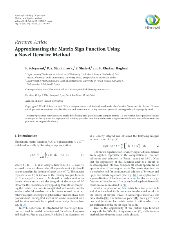 (PDF) Approximating the matrix sign function using a novel iterative method