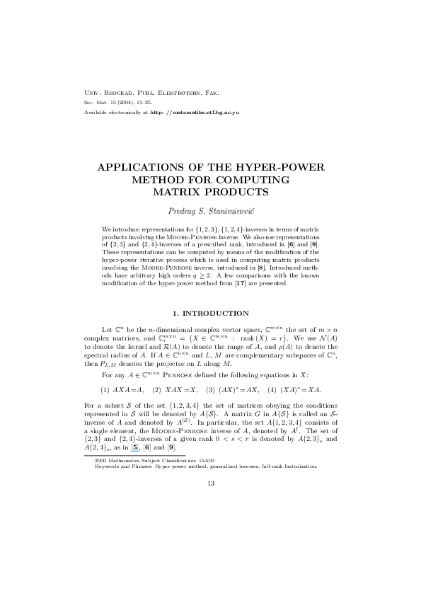(PDF) Applications of the hyper-power method for computing matrix products