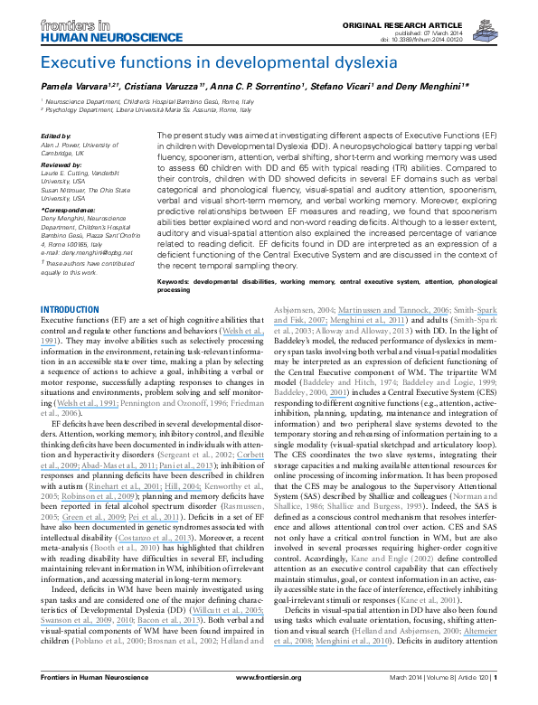 (PDF) Executive functions in developmental dyslexia