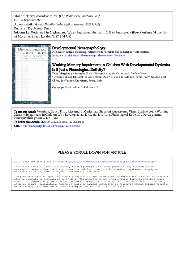 (PDF) Working memory impairment in children with developmental dyslexia ...
