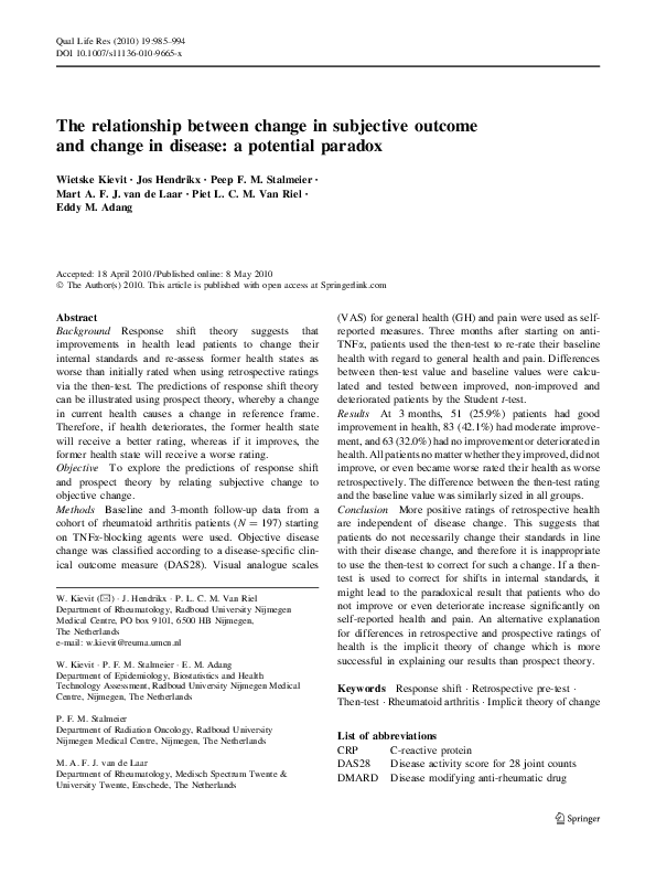 (PDF) The relationship between change in subjective outcome and change ...