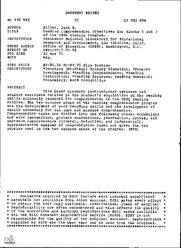 (PDF) Reading Comprehension Objectives for Blocks 1 and 2 of the SWRL ...