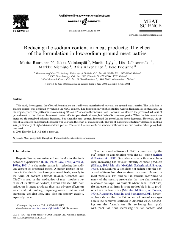 (PDF) Reducing the sodium content in meat products: The effect of the ...
