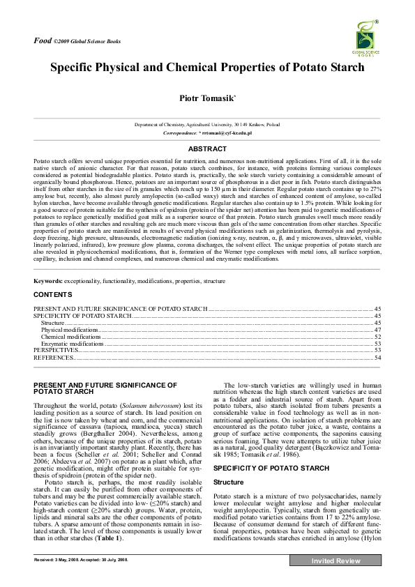 Specific Physical and Chemical Properties of Potato Starch Global
