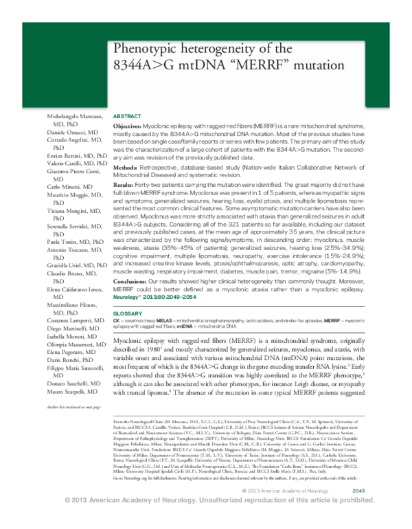 (PDF) Phenotypic heterogeneity of the 8344A>G mtDNA 
