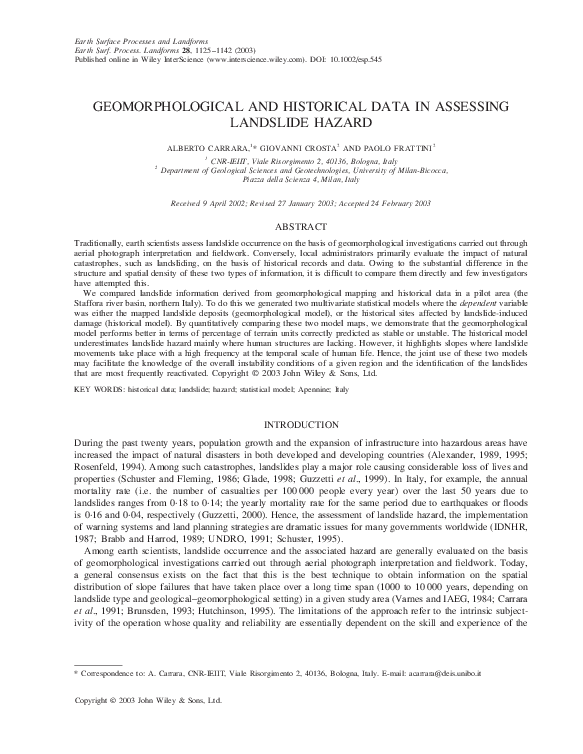 (PDF) ASSESSMENT OF LANDSLIDE HAZARD GEOMORPHOLOGICAL AND HISTORICAL ...