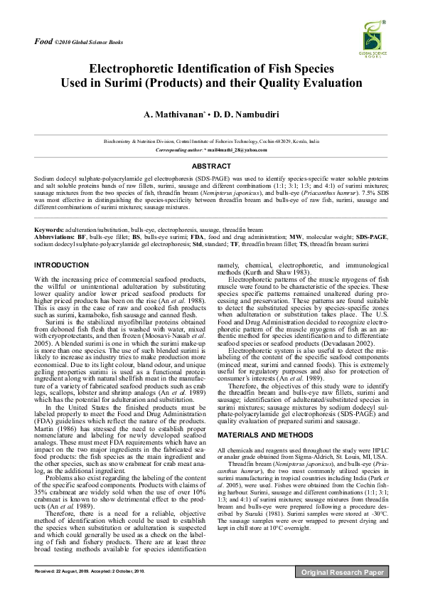 Electrophoretic Identification of Fish Species Used in Surimi (Products