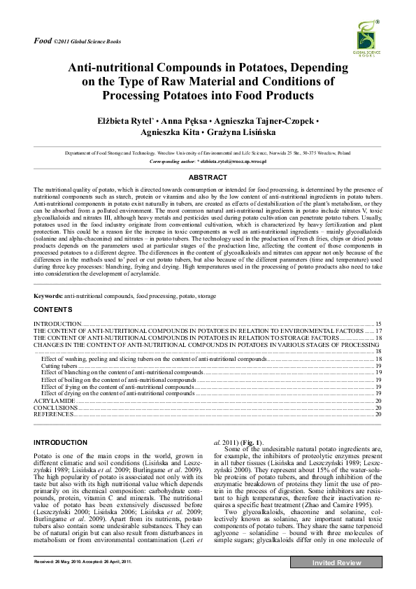 Antinutritional Compounds in Potatoes, Depending on the Type of Raw Material and Conditions of