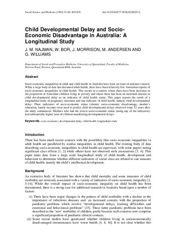 (PDF) Child developmental delay and socioeconomic disadvantage in Australia A longitudinal