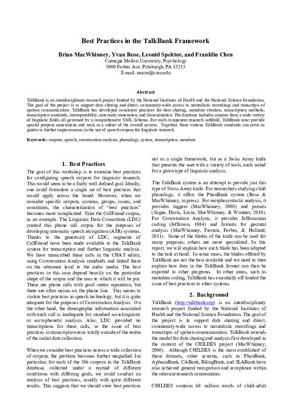 (PDF) Best Practices in the TalkBank Framework
