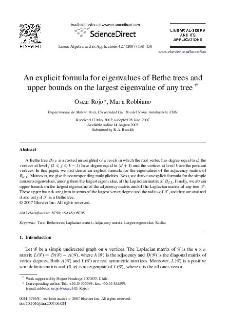 (PDF) An explicit formula for eigenvalues of Bethe trees and upper ...