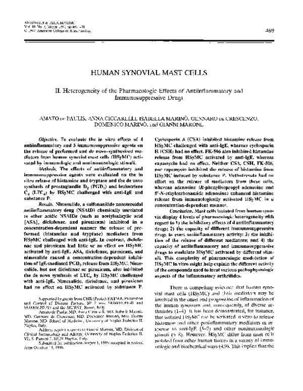 (PDF) Human synovial mast cells. II. Heterogeneity of the pharmacologic ...