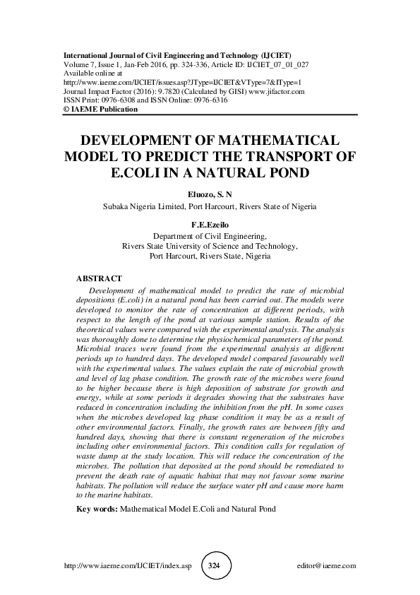(PDF) DEVELOPMENT OF MATHEMATICAL MODEL TO PREDICT THE TRANSPORT OF E ...