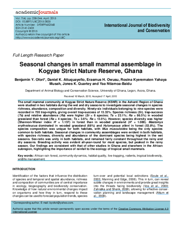 (PDF) Seasonal Changes in Small Mammal Assemblage in Kogyae Strict ...