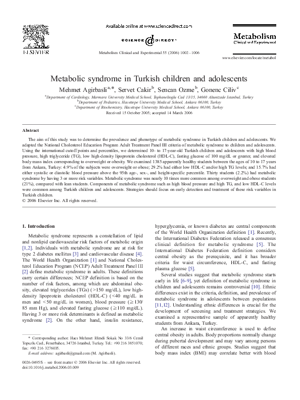 (PDF) Metabolic syndrome in Turkish children and adolescents