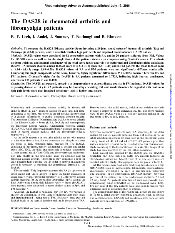 (PDF) The DAS28 in rheumatoid arthritis and fibromyalgia patients