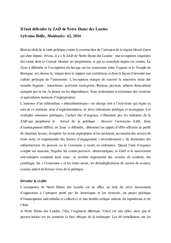 (PDF) Il faut défendre la ZAD de Notre Dame des Landes . Paru dans