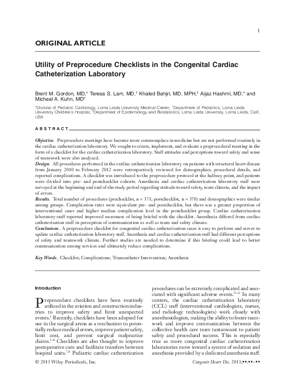 (PDF) Utility of Preprocedure Checklists in the Congenital Cardiac ...