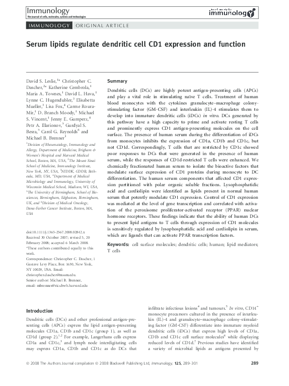 (PDF) Serum lipids regulate dendritic cell CD1 expression and function