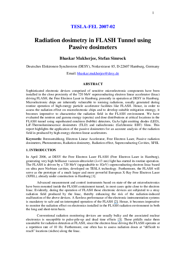 (PDF) Radiation Dosimetry In FLASH Tunnel Using Passive Dosimeters