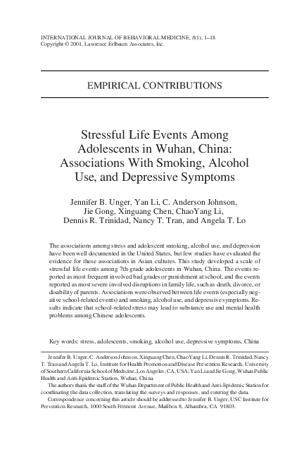 (PDF) Stressful life events among adolescents in Wuhan, China ...