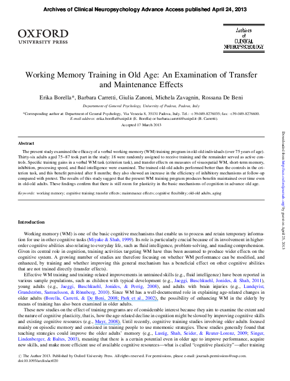 (PDF) Working Memory Training in Old Age: An Examination of Transfer ...