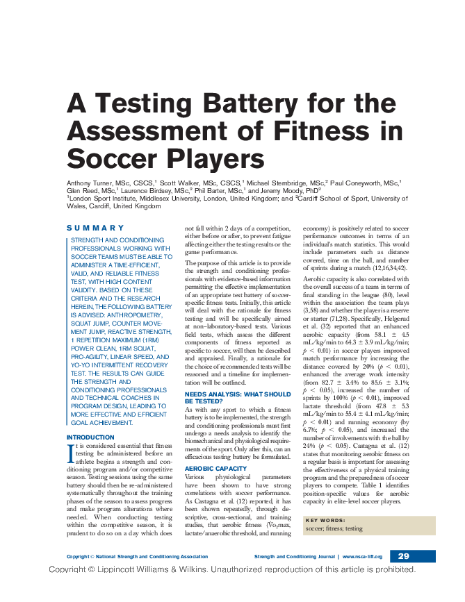 (PDF) A Testing Battery for the Assessment of Fitness in Soccer Players