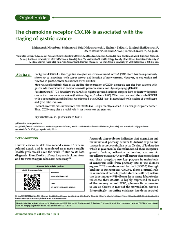 (PDF) The chemokine receptor CXCR4 is associated with the staging of ...