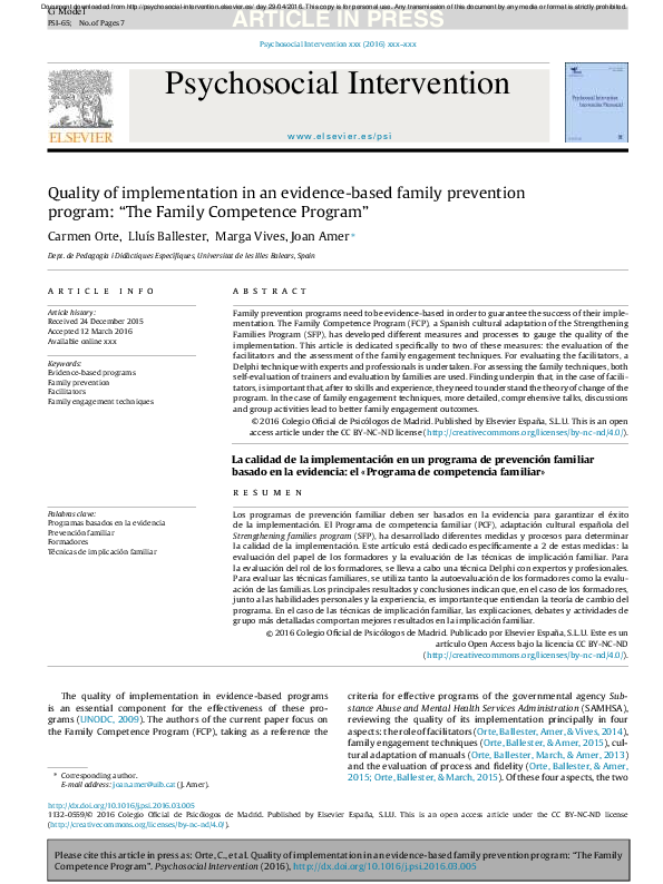 (PDF) Quality of implementation in an evidence-based family prevention ...