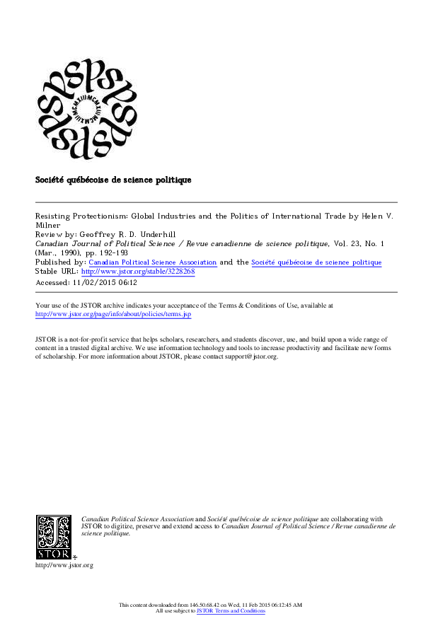 Resisting Protectionism: Global Industries and the Politics of International Trade Helen V. Milner Princeton: Princeton University Press, 1988, pp. xiii, 329