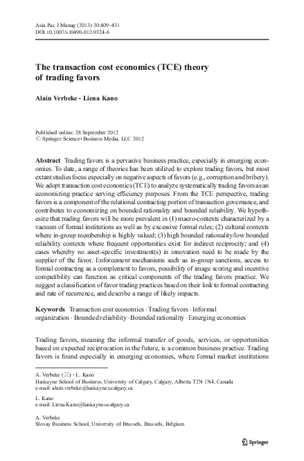 (PDF) The transaction cost economics (TCE) theory of trading favors