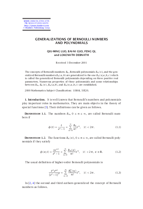 (PDF) Generalizations of Bernoulli numbers and polynomials