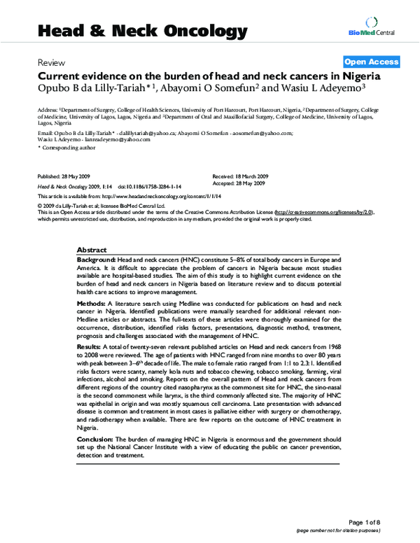 (PDF) Current evidence on the burden of head and neck cancers in Nigeria