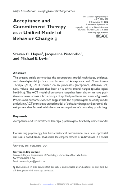 (PDF) Acceptance and commitment therapy as a unified model of behavior ...