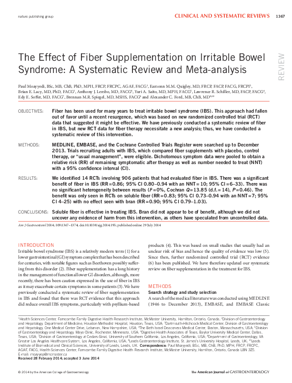 (PDF) The Effect of Fiber Supplementation on Irritable Bowel Syndrome A Systematic Review and