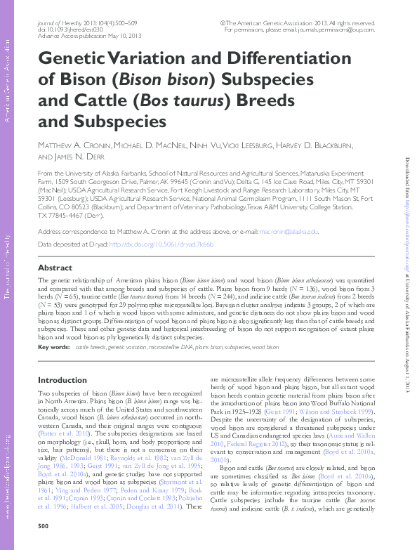 (PDF) Genetic Variation and Differentiation of Bison (Bison bison ...