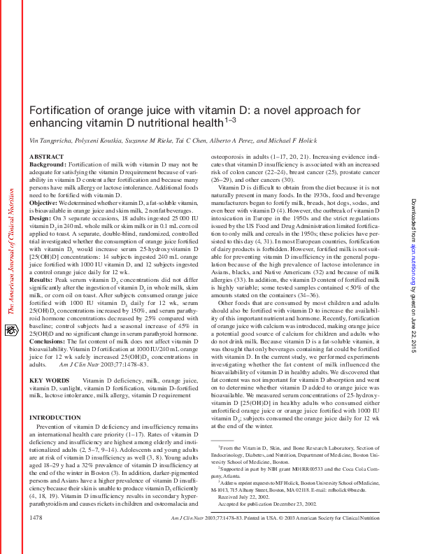 (PDF) Fortification of orange juice with vitamin D a novel approach for enhancing vitamin D