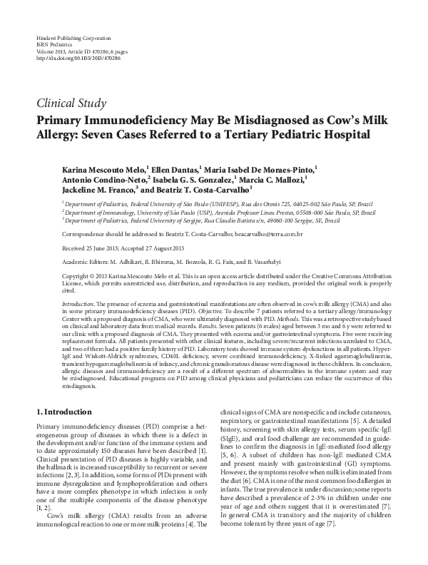 (PDF) Primary Immunodeficiency May Be Misdiagnosed as Cow’s Milk