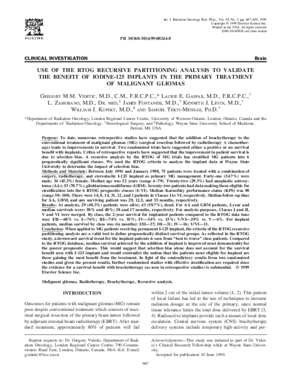 (PDF) Use of the RTOG recursive partitioning analysis to validate the ...