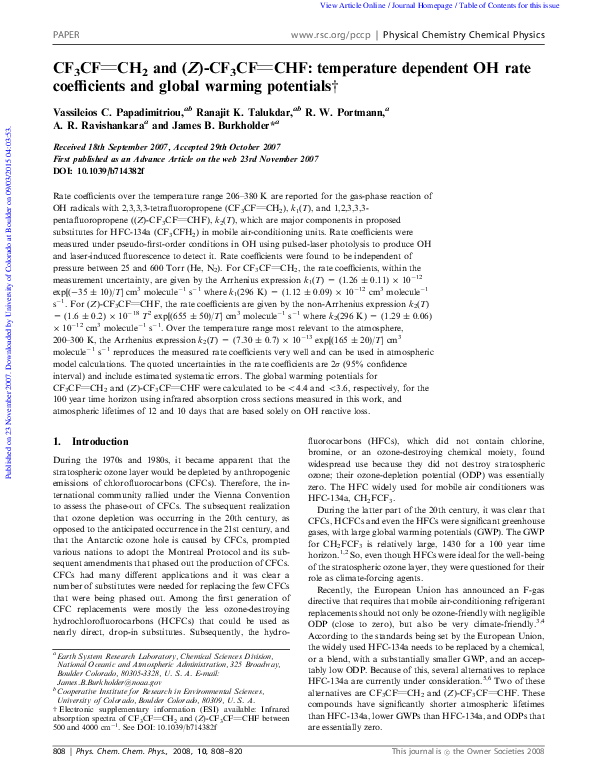 (PDF) CF3CF CH2 and (Z)-CF3CF CHF: temperature dependent OH rate ...