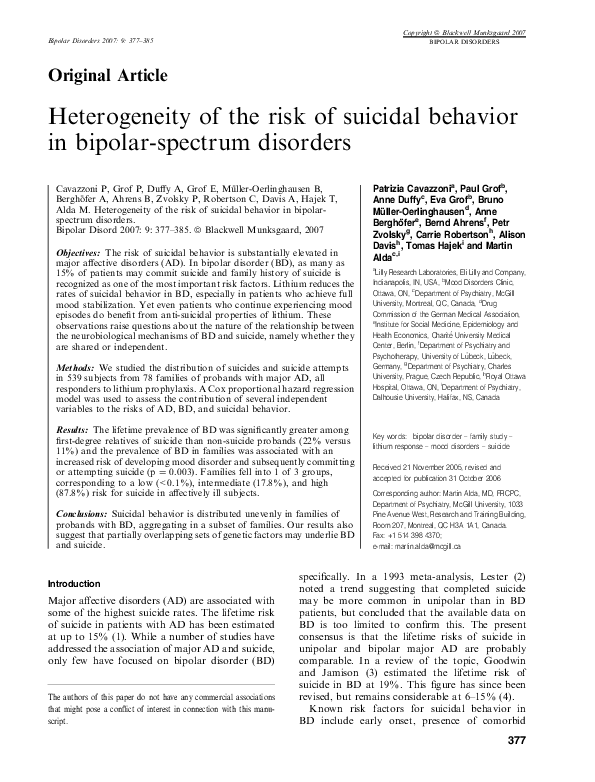 (PDF) Heterogeneity of the risk of suicidal behavior in bipolar ...